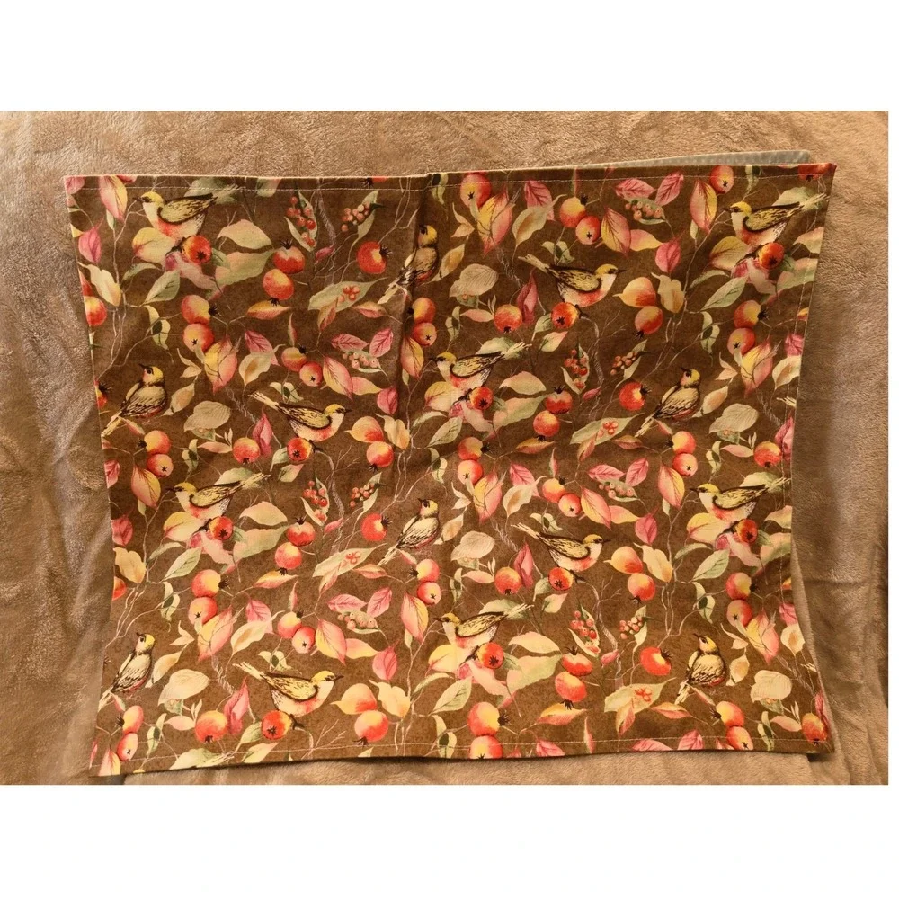 2 Vintage Autumn Bird and Berry Print Cloth Napkins Brown Fall Table Linens